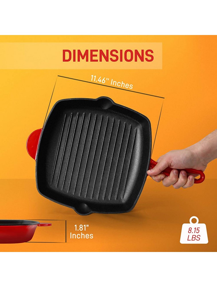 NutriChef Nonstick Cast Iron Grill Pan 11-Inch Kitchen Square Cast Iron Skillet Grilling Pan Enameled Cast Iron Skillet Steak Pan w Side Drip Spout For Electric Stovetop Induction Gas - - BPPVD2O3O