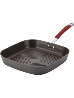 Rachael Ray Cucina Hard Anodized Nonstick Grill Deep Square Griddle Pan 11 Inch Gray with Red Handles - BQZ6HH16K