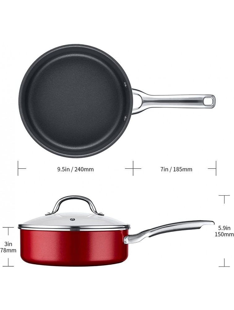 JIAXINO Frying Pan with Lid 3.2L 24cm Nonstick Saute Pan Induction Deep Frying Pan Free Stir Fry Pan with Lid Suitable for Gas Induction Electric and Ceramic hobs Aluminium Black-Red - B3PHOIWK3