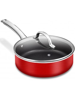 JIAXINO Frying Pan with Lid 3.2L 24cm Nonstick Saute Pan Induction Deep Frying Pan Free Stir Fry Pan with Lid Suitable for Gas Induction Electric and Ceramic hobs Aluminium Black-Red - B3PHOIWK3