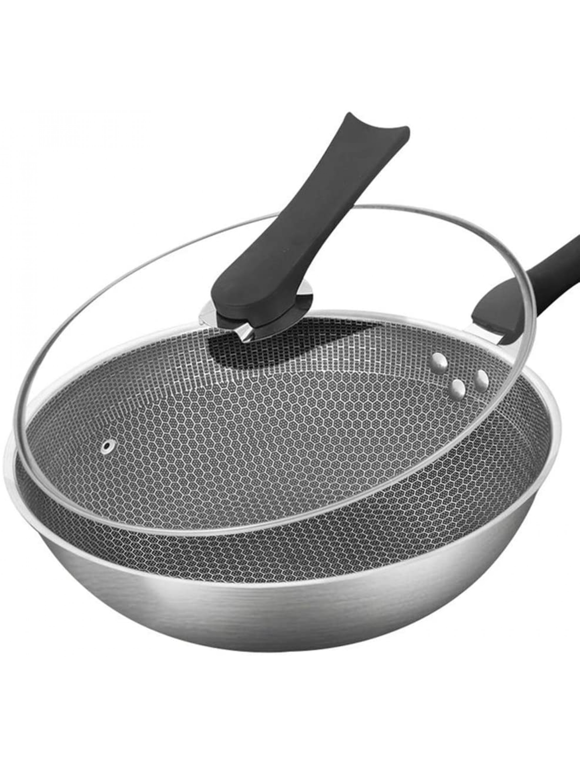 XMcKJ Stainless Steel Wok a Non-Stick pan with a Glass lid and Anti-scalding Silicone Handle for use in a Fume-Free Frying pan in Family Restaurants 32cm 12in - BWJNFAZTI