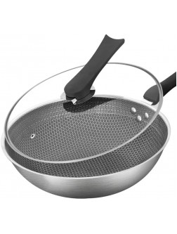 XMcKJ Stainless Steel Wok a Non-Stick pan with a Glass lid and Anti-scalding Silicone Handle for use in a Fume-Free Frying pan in Family Restaurants 32cm 12in - BWJNFAZTI