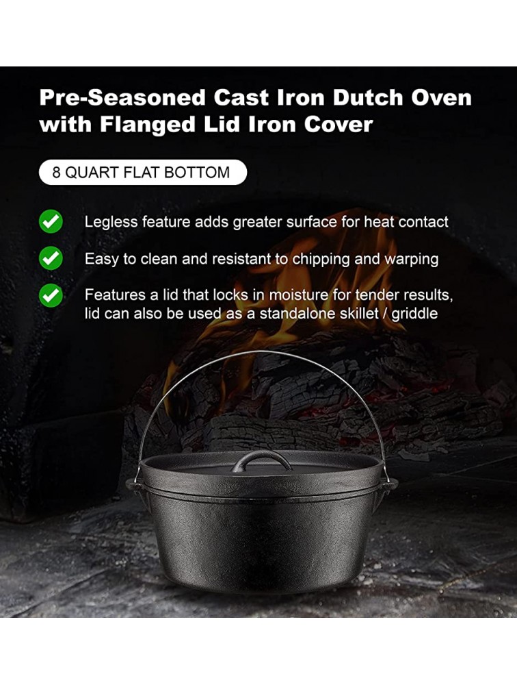 Bruntmor Pre-Seasoned Cast Iron Dutch Oven with Flanged Lid Iron Cover for Campfire or Fireplace Cooking Pre-Seasoned Camping Cookware Flat Bottom 8 Quart - BQDRQ3KGJ