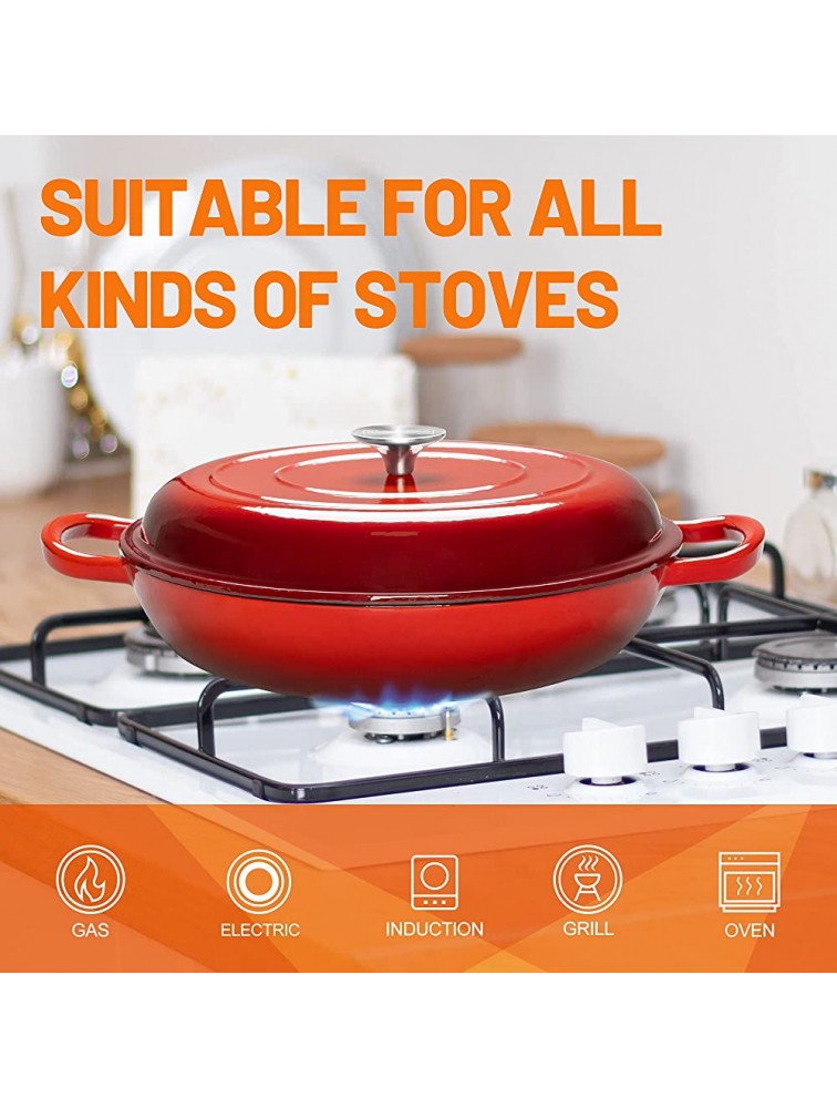 MICHELANGELO Cast Iron Braiser Pan with Lid 3.5 Quart Enameled Cast Iron Casserole Dish Covered Shallow Dutch Oven Enameled Cast Iron Cookware with Silicone Accessories Oven Safe Braiser-Cherry Red - BBORXUBBD