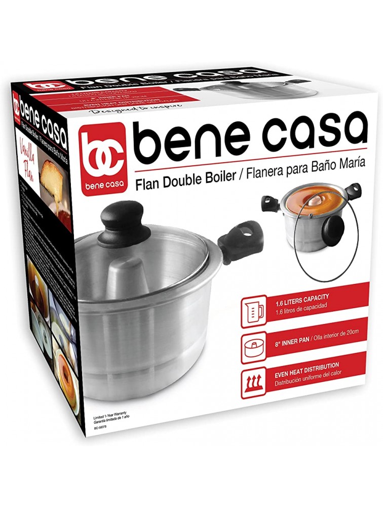Bene Casa Aluminum Flan Mold Double Boiler with Glass Lid 1.6 Liter Includes Aluminum Inner Pan 8 Dishwasher Safe - B9RCOIG71