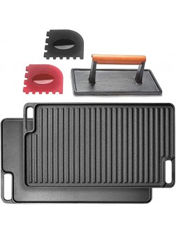 Cast Iron Griddle with Accessories Includes Reversible Cast Iron Griddle Grill 17" x 9" Cast Iron Grill Press 4"x 8" And Two Durable Grill Pan Scrapers black with griddle ridges - BJZGQGE5V