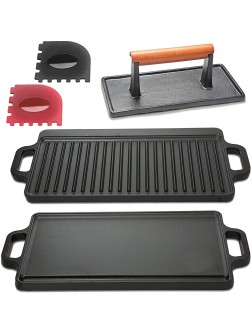 Cast Iron Griddle with Accessories Includes Reversible Cast Iron Griddle Grill 20” x 9-1 2” Cast Iron Grill Press 4” x 8” And Two Durable Grill Pan Scrapers red and black with griddle ridges - BD6GVD0FF