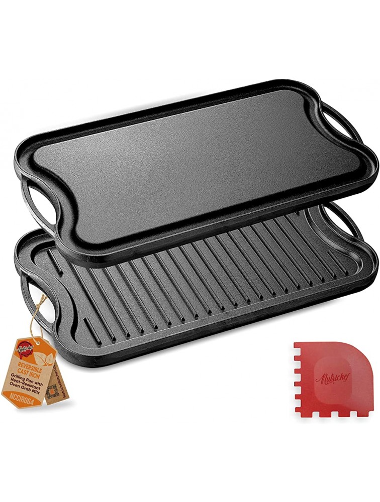 NutriChef Reversible Plate-PFOA & PFOS Free Oven Safe Flat Cast Iron Skillet Griddle Grilling Pan w Scraper for Electric Stovetop Ceramic NCCIRG64 BLACK - B8A67IC27