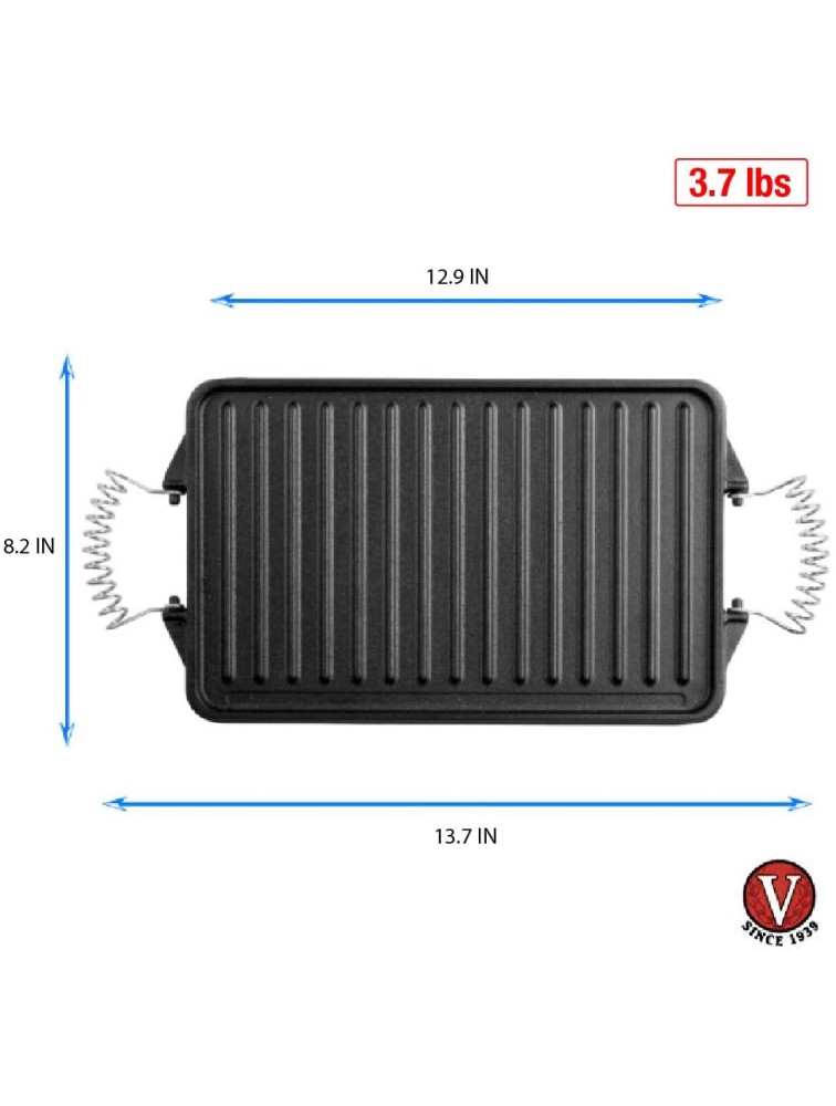 Victoria Cast Iron Grill. Double Burner Griddle with Removable Wire Handles Seasoned with 100% Kosher Certified Non-GMO Flaxseed Oil 13 x 8 Inches Black - BTCUWPU64