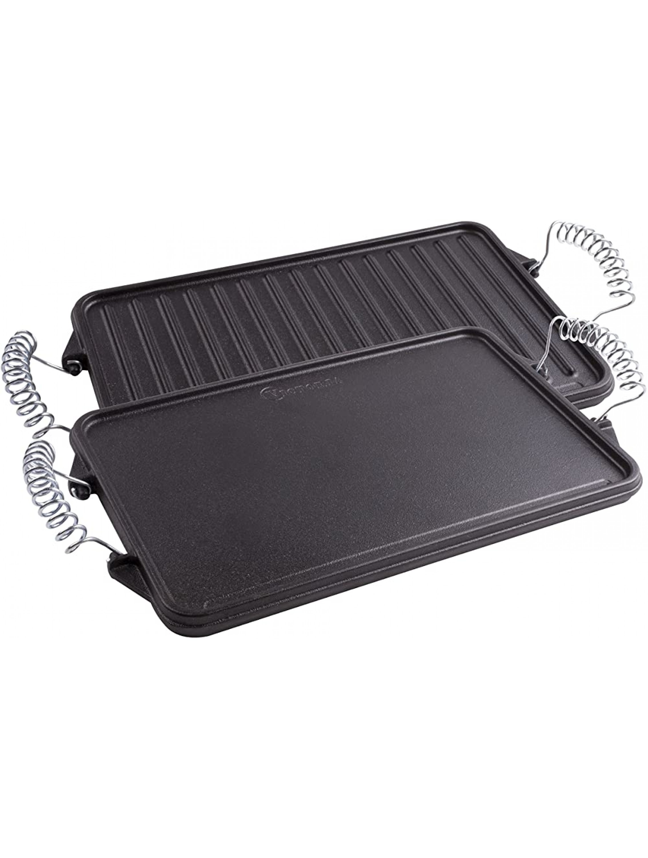 Victoria Cast Iron Grill. Double Burner Griddle with Removable Wire Handles Seasoned with 100% Kosher Certified Non-GMO Flaxseed Oil 13 x 8 Inches Black - BVHRCIMFY