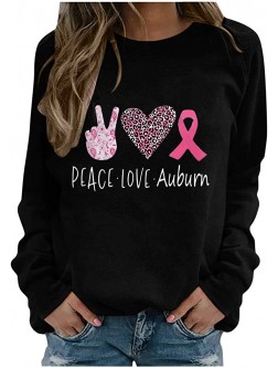 Breast Cancer Sweatshirt for Women Peace Love Auburn Graphic Print Blouse Long Sleeve Round Neck Classic Sweater Top - BZMBTHDN6