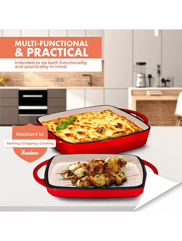 Bruntmor Set of 4 Oval Au Gratin 8x 5 Baking Dishes and Bruntmor Enameled Square Cast Iron Large Baking Pan. Cookware Baking Dish With Griddle Lid 2-in-1 - B1KQSE3J7