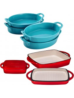 Bruntmor Set of 4 Oval Au Gratin 8"x 5" Baking Dishes and Bruntmor Enameled Square Cast Iron Large Baking Pan. Cookware Baking Dish With Griddle Lid 2-in-1 - B1KQSE3J7