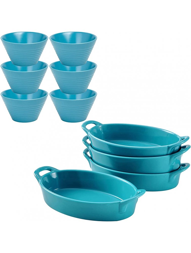 Bruntmor Set of 4 Oval Au Gratin 8"x 5" Baking Dishes Lasagna Pan Ceramic Bakeware Ideal for Creme Brulee Easy Carry Handles Nice Table Serving Dish Oven To Table 16 Oz -Teal - BJNB2CH2F