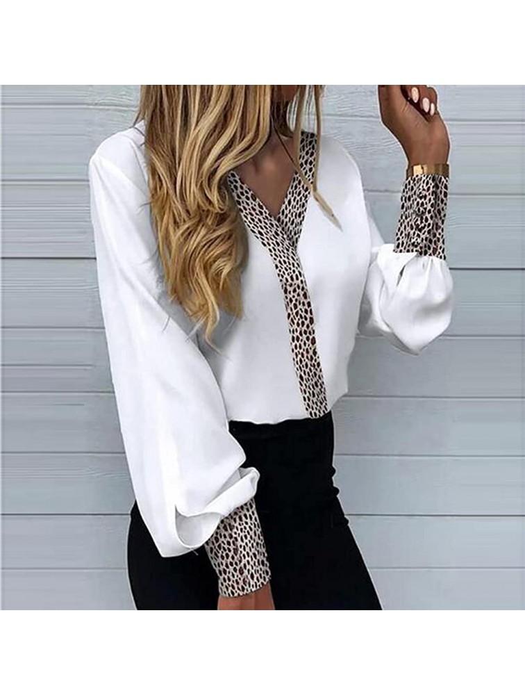 Women Leopard Sexy Blouses V Neck Partial Split Flare Long Sleeve Solid Elegant Work Casual Business Sweatshirt Pullover - BCMR2E28E