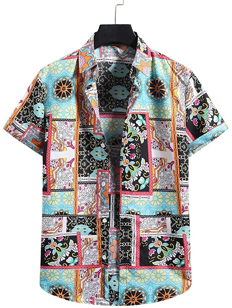 Men's Ethnic Turn-Down Collar Short Sleeve Button Casual Printing Hawaiian Shirt Blouse T-Shirt - BZQMJ2AV9
