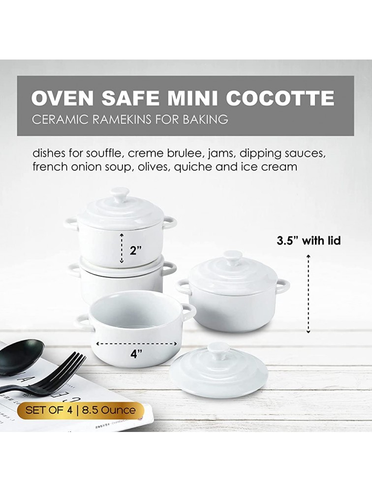 Bruntmor 8.5oz Oven Safe Mini Cocotte Ceramic Ramekins For Baking Mini Casserole with Lid Souffle Dish White - B9SL688HS