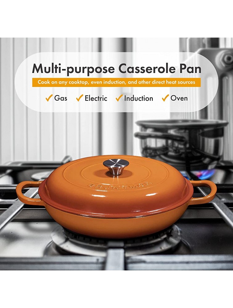 Bruntmor Enameled Cast Iron Cookware Shallow Casserole Braiser Pan with Steel Knob Cover and Double Loop Handle. Round Cast Iron Covered Casserole Skillet with lid for Oven 3.8-Quart Pumpkin Spice - BWLFZCQS7