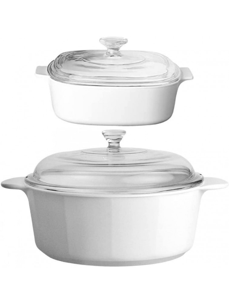 CorningWare Casserole Dishes 3.5 Quart 3.25 Liter & 2.1 Quart 2 Liter 4 Piece Set Pyroceram Classic Cooking Pot Set with Handles & Pyrex Lid White - BNXESR69N