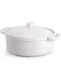 FE Casserole Dish 2 Quart Round Ceramic Bakeware with Cover Lace Emboss Baking Dish for Dinner Banquet and Party White - B2160OUC1