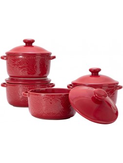 FE Casserole Dish with Lid 10 oz Mini Cocotte Ceramic Lace Embossed Small Casseroles for Individual Serving Set of 4 Red - B2K49NFP7