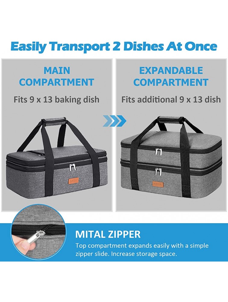 LHZK Double Decker Insulated Casserole Carrier for Hot or Cold Food Expandable Hot Food Carrier Lasagna Holder Tote for Potluck Parties Picnic Beach Fits 11 x 15 or 9 x 13 Baking Dish Grey - BZYH4HYY0