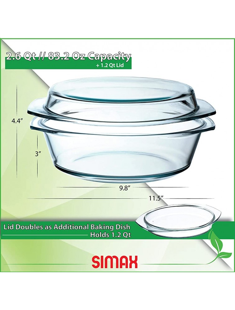 Simax Round Glass Casserole Dish: Clear Glass Round Casserole Dish with Lid and Handles Covered Bowl for Cooking Baking Serving etc. Microwave Dishwasher and Oven Safe Cookware – 2.5 Quart - BPLY6LEZZ