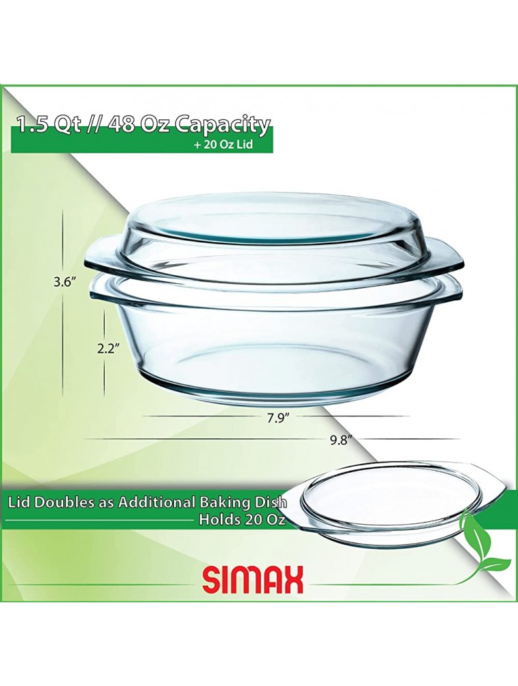 Simax Round Glass Casserole Dish: Clear Glass Round Casserole Dish with Lid and Handles Covered Bowl for Cooking Baking Serving etc. Microwave Dishwasher and Oven Safe Cookware – 1.5 Quart - BRK094RUA