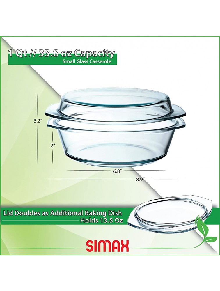 Simax Clear Glass Casserole Dish: Glass Round Casserole Dish with Lid and Handles Covered Bowl for Cooking Baking Serving etc. Microwave Dishwasher and Oven Safe Cookware –1 Quart - BUA9PUGN9