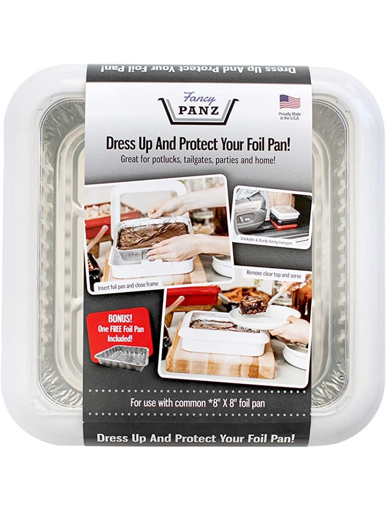 Fancy Panz 8 x 8-Inch Dress Up and Protect Your Foil Pan 100% Made in USA 8 x 8 Foil Pan Included. Hot or Cold Food. Stackable for easy travel. Great for potlucks tailgating & home White - BT9XWVUN7