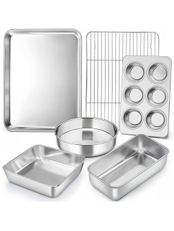P&P CHEF Baking Pans Bakeware Set of 6 Stainless Steel Bakeware Sets Include Baking Sheet with Rack Round Square Cake Pan Loaf Pan & Muffin Pans Oven & Dishwasher Safe - BTBEFL5QW