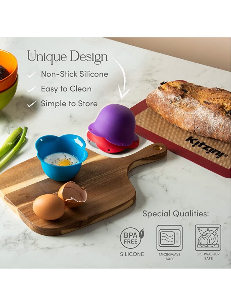 Kitzini Poached Egg Cup. Egg Coddler 4 Set. BPA Free. Microwave Egg Poacher. Nonstick Egg Pod Perfect Silicone Egg Poacher. Easy to Use & Clean. No Mess. 4 Silicone Egg Molds. Dishwasher Safe - BJA11L0T6