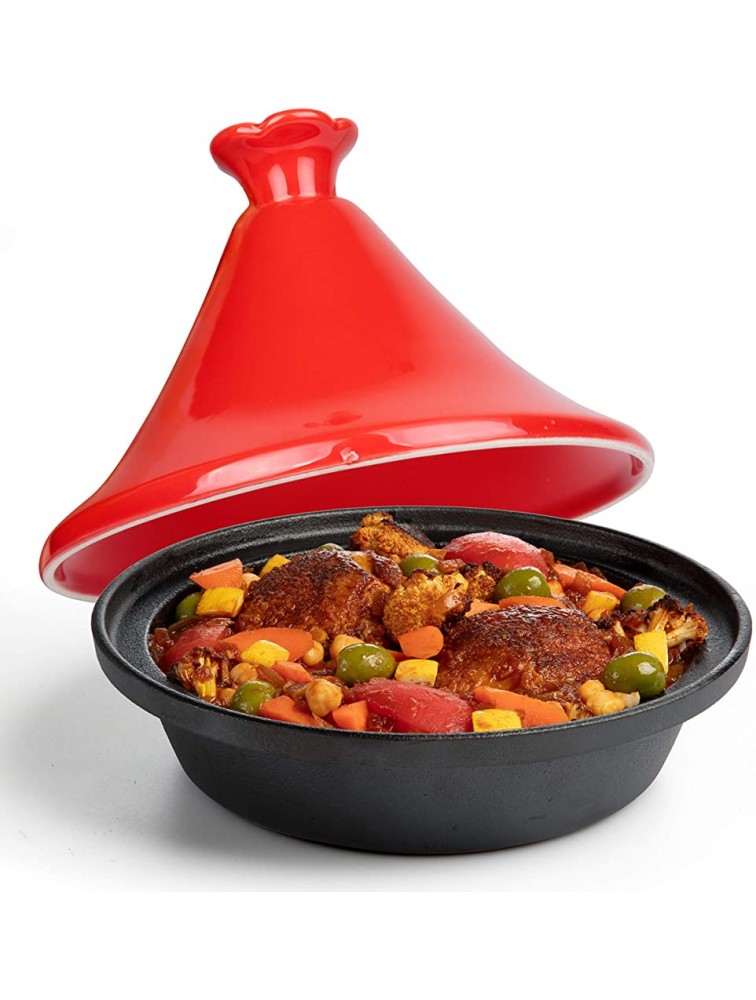 Tagine Moroccan Cast Iron 4 qt Cooker Pot- Caribbean One-Pot Tajine Cooking with Enameled Ceramic Lid- 500 F Oven Safe Dish - BYHPAWQ2H