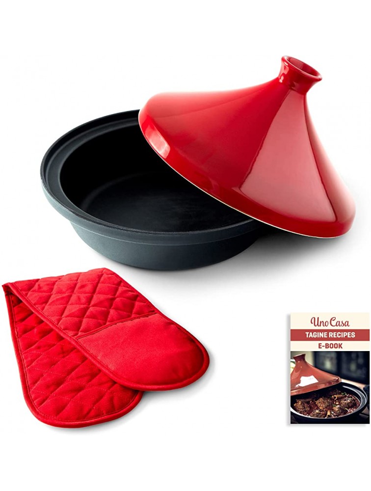 Uno Casa Tagine Pot 3.65-Quart Moroccan Tajine with Enameled Cast Iron Base and Ceramic Cone-Shaped Lid High-Quality Cookware- Red Double Oven Mitts Included - BTNZ69MSE