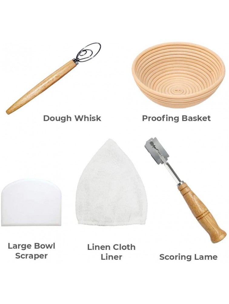 9 inch Banneton Bread Proofing Kit : Sourdough Bread Maker Danish dough Whisk Large Wicker Basket + Bread Scorer Lame + Dough Scraper Tool + Linen Liner Cloth + Banneton Proofing Basket - BMA0OF0WJ