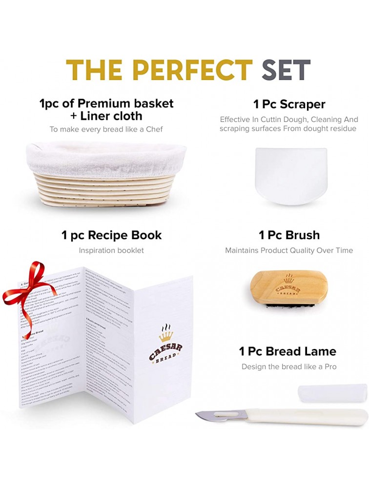 Banneton Bread Proofing Basket By Caesar Bread 10 Inch Oval Sourdough Brotform For Rising Dough Set Include Cloth Liner Scraper Bread Lame Brush & Recipe Book For Beginners & Professional Bakers - B5PB61VVJ