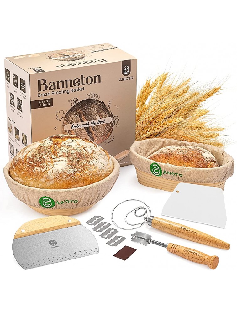 Banneton Bread Proofing Basket Set of 2 with Sourdough Bread Baking Supplies A Complete Bread Making Kit Including 9" Proofing Baskets Danish Whisk Bowl Scraper Dough Scraper & Bread Lame - BP1AGSF8A