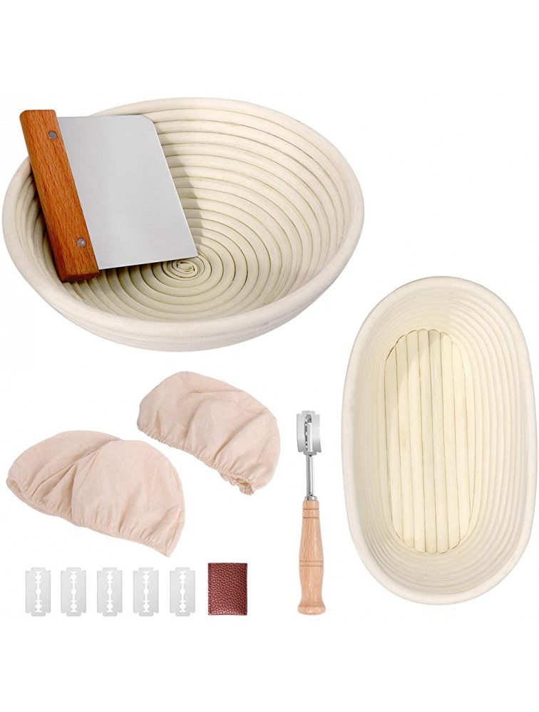 Bread Proofing Basket Set 9.6 Inch Oval and 10 Inch Round Natural Rattan Proofing Baskets with Bread Lame and Dough Scraper and Linen Liner Bread Making Tools for Professional and Home Bakers - B24LPGX3T