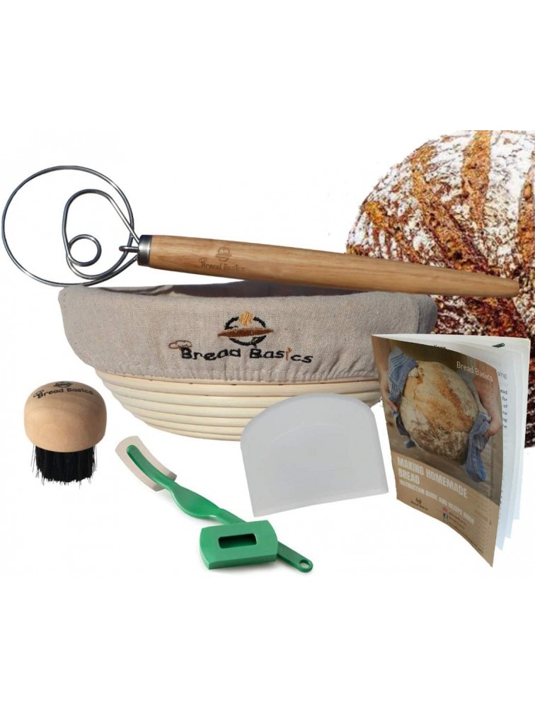 BreadBasics Banneton Proofing Basket | Premium Homemade Bread Starter Kit for Beginners | Includes Step by Step eBook Bowl Scraper & Whisk Lame Brotform Liner Cleaning Brush | Sourdough Supplies - BZXPONWQD