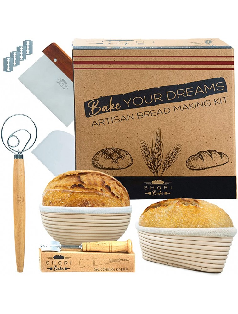 Shori Bake Bread Banneton Proofing Basket Set of 2 Round 9 Inch & 9.6 Inch Oval + Sourdough Bread Making Tools Kit Baking Gifts for Bakers Liner Bread Lame Bowl & Dough Scraper Danish Dough Whisk - BWGS75ZB1