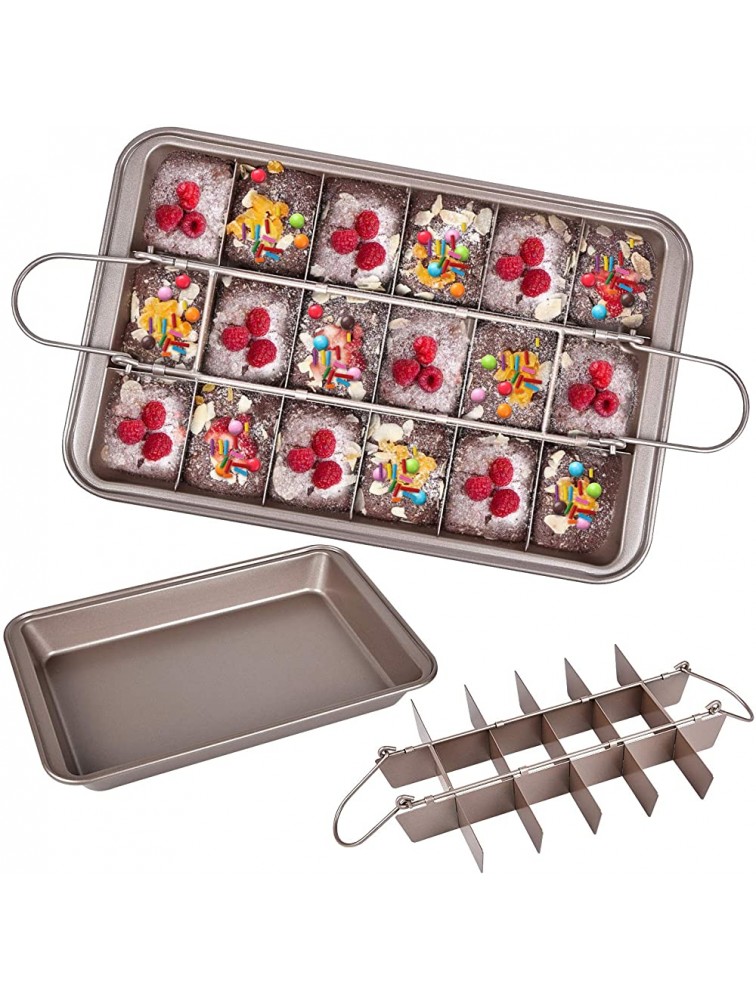 Brownie Pan with Dividers Divided Non Stick Edge Brownie Pans with Grips Slice Bakeware Cutter Tray Molds Square Cake Fudge Pan with Built-in Slicer lid for All Oven Baking 12X8 Inch Champagne Gold - BEK7E3ZU9