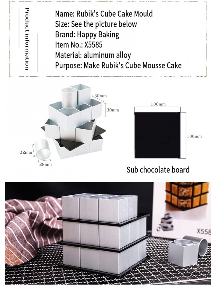 LOOCOO French Pastry Dessert Chocolate Cube Mousse Cake Mold Small Square Nine Square Grid Three-Layer Rotating Tool Silver # 25 Small Squares + 3 Acrylic Plates + 2 Cylinders - BJ12UKKJ0