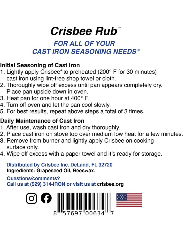 Crisbee Rub Cast Iron and Carbon Steel Seasoning Family Made in USA The Cast Iron Seasoning Oil & Conditioner Preferred by Experts Maintain a Cleaner Non-Stick Skillet - BKCW3M5T1