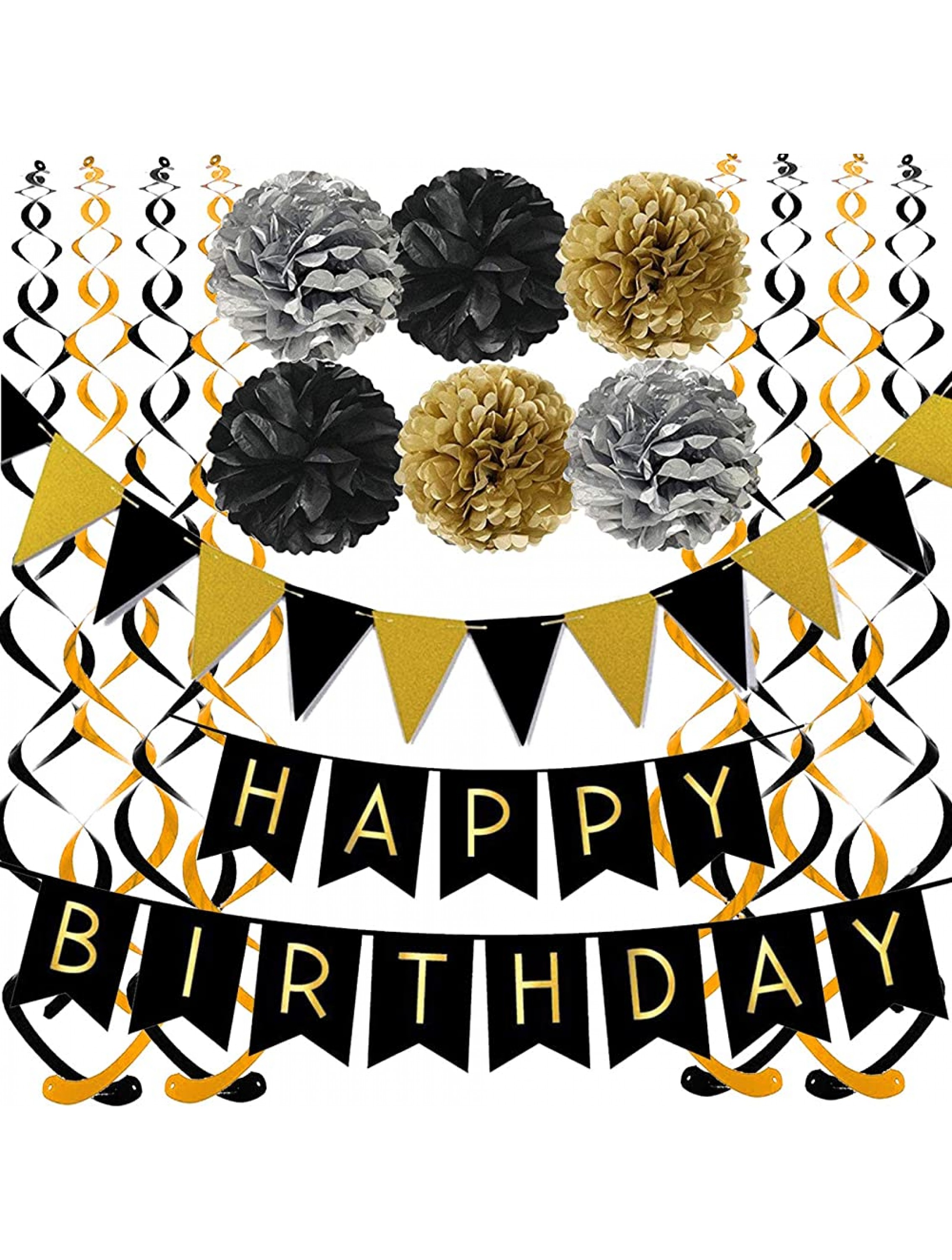 FECEDY Black Happy Birthday Banner with Black Gold Paper Flag Bunting Paper Swirl Streamers Pom Poms for Birthday Party Decorations - BE0HH3IGQ