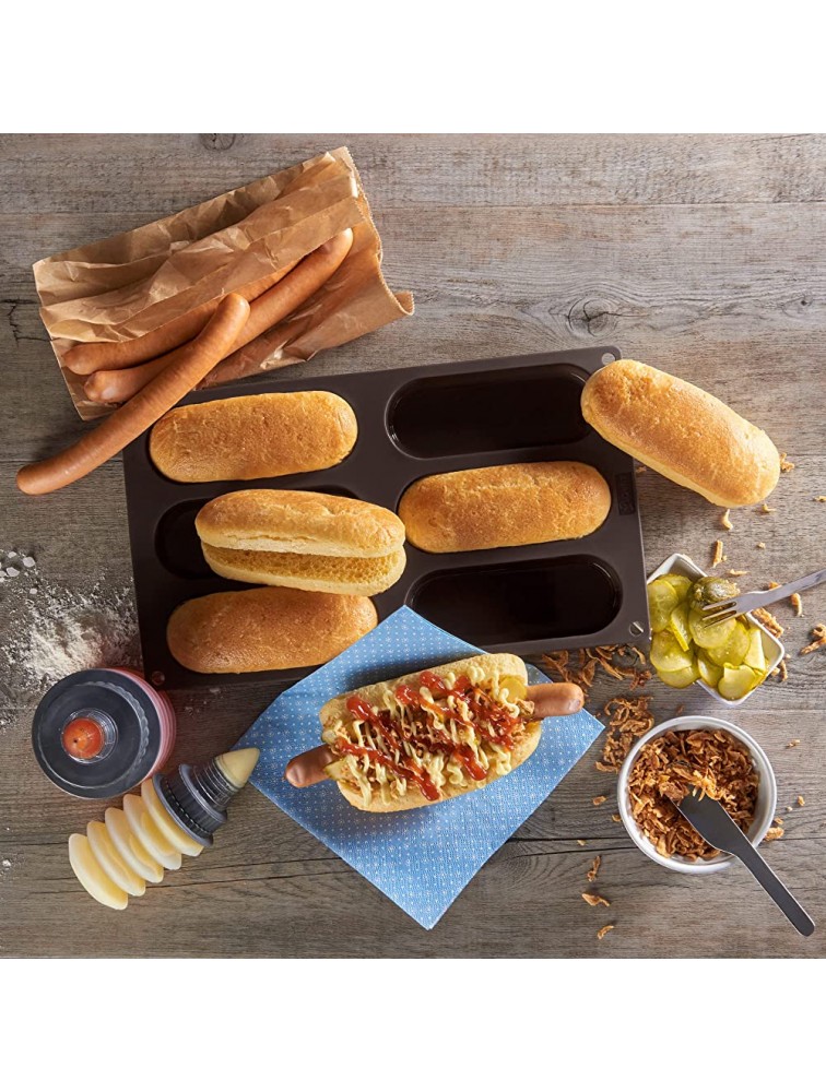 Lurch Germany Flexiform Non-stick Silicone Hotdog Buns Mold | 5-inch Baking Pan For Hot Dog Shaped Bread Rolls Cake and Eclair Tray | BPA-Free Brown - BQ85XSRVW