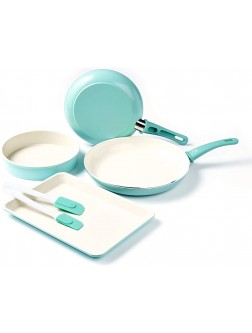 GreenLife Soft Grip Healthy Ceramic Nonstick 6 Piece Cookware and Bakeware set with Spatulas PFAS-Free Dishwasher Safe Frying Pans Turquoise - BEK7Y6ES4
