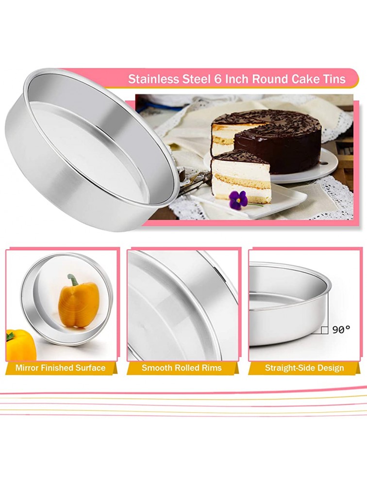 TeamFar 6 Inch Cake Pans 3 Pieces Stainless Steel Round Cake Pan with 90 Parchment Paper & 1.85 in x 111 ft Side Liner Roll Healthy & Heavy Duty Non-Stick & Heat-Resistant Dishwasher Safe - BO7G7S0VA
