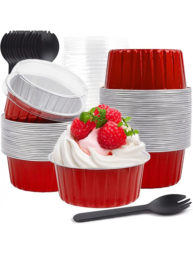 [50 Sets 5 Oz.] Aluminum Cupcake Liners with Lids Disposable Foil Baking Cups Muffin Tins Jumbo Muffin Liners for Wedding Birthday Party with 50 Spoons Red - BNWDYN6NO