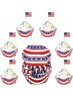 Cowwell 200 Pieces Independence Day Cupcake Liners and Picks 4th of July Cupcake Wrappers American Flag Toothpicks Red White Blue Star Cupcake Liners Patriotic USA Flag Cupcake Topper for Party Decor - BEZ2Q45IA