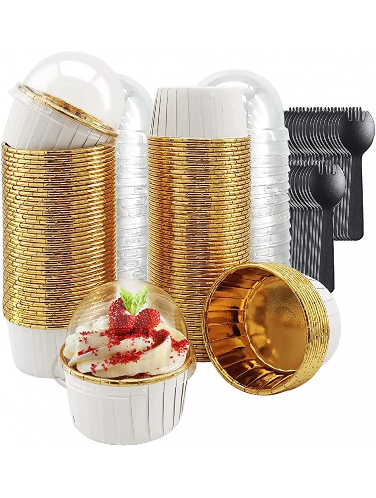 Cupcake Liners With Dome Lids 100 Pack,LNYZQUS 5.5 Oz Foil Cupcake Tins Baking Cups,Disposable Ramekins Muffin Tins,Large Cupcake Cups Cupcake Wrappers Holders,with Spoons-White in Gold - BCFUL2W8Y